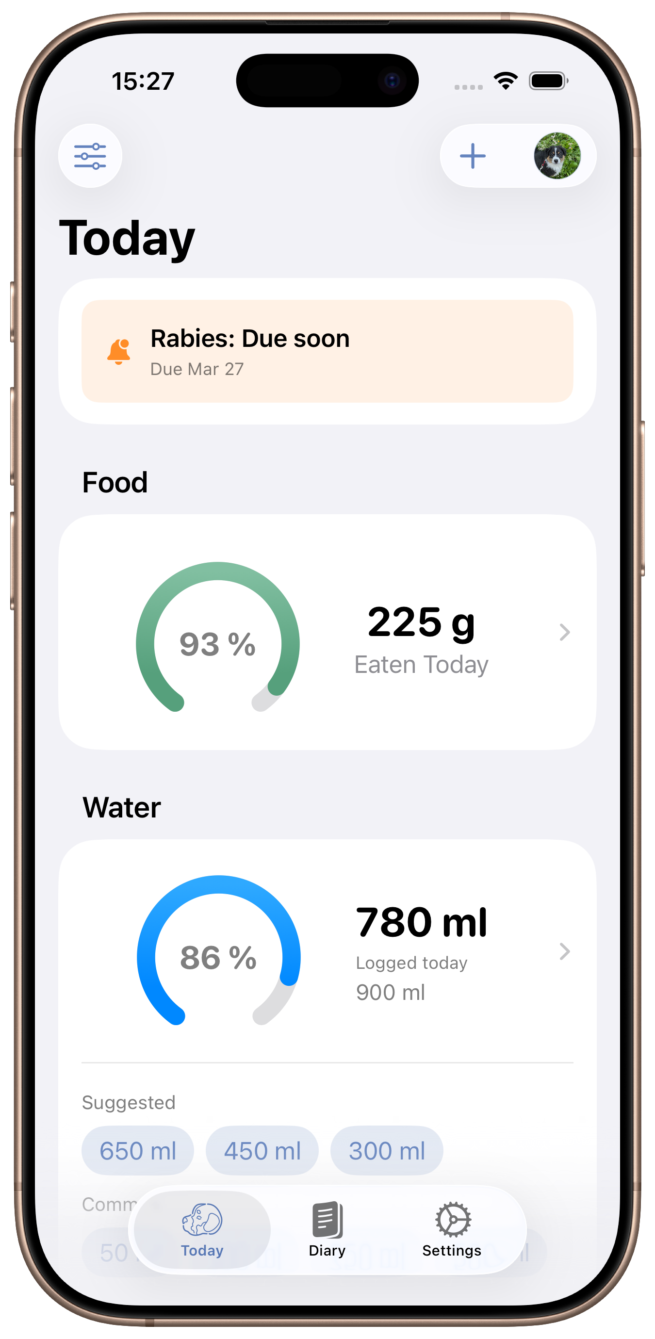 Dogtales app preview with daily care tracking